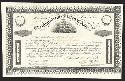 Act of August 19, 1861. $100. Cr. 105, B-140. No. 394. Due January 1, 1879. Sailing ship, center. Signed by Tyler. No coupons attached. Red assignment form on verso. J. T.
Paterson. Fold wear, slightly uneven edges, about VF+. ex R.M.