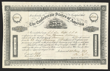 Act of August 19, 1861. $2000. Cr. 105, B-140. No. 467. As previous. Assigned to Captain Sidney Smith Lee, Robert E Lees older brother, appropriate given the ship vignette, as
Captain Lee was in the CSA Navy. Fold and edge wear, but a strong