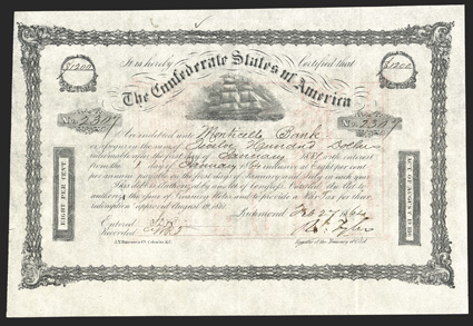 Act of August 19, 1861. $1200. Cr. 105, B-140. No. 2307. Due January 1, 1881. As previous. Signed by Tyler. J. T. Paterson. Ink marks in top margin, folds, a strong VF. From
The Holger Dreher Collection