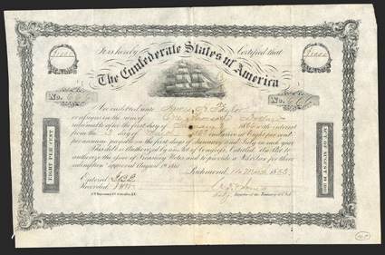 Act of August 19, 1861. $1000. Cr. 105, B-140. No. 666. Due January 1, 1866. As previous. Signed by Jones. Hole at center, light edge and fold wear, foxing, high end of Fine.
From The Holger Dreher Collection