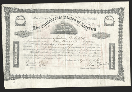 Act of August 19, 1861. $5000. Cr. 105, B-140. No. 2429. Due January 1, 1881. As previous. Signed by Tyler. Issued on the first day of April, 1865. A very late issue indeed.
Fold wear, left edge touches border, but VF. From The Holger