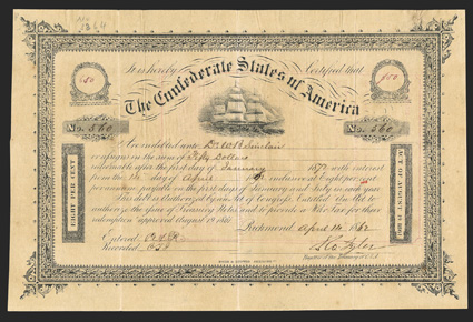 Act of August 19, 1861. $50. Cr. 106, B-137. No. 560. Due January 1, 1872. Variety 2 on date box on right. $50 in red ink in value medallions. Full rigged sailing ship. Signed
by Tyler. Hoyer & Ludwig. Toned, fold and edge wear, dimple in upp