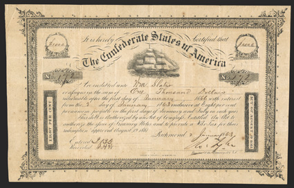 Act of August 19, 1861. $100. Cr. 106, B-137. No. 172. Due January 1, 1866. Variety 1. Sailing vessel. Typeset border frame. Signed by Tyler. Hoyer & Ludwig. Toned, edge and
fold wear, scant foxing, about VF. From The Holger Dreher Co