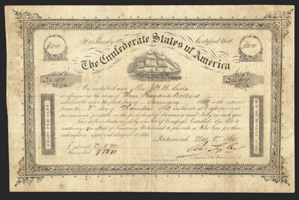 Act of August 19, 1861. $300. Cr. 106, B-137. No. 97. Due January 1, 1869. As previous. Variety 1. Foxed, toned, fold wear, dampstain right edge, good Fine. From The Holger
Dreher Collection