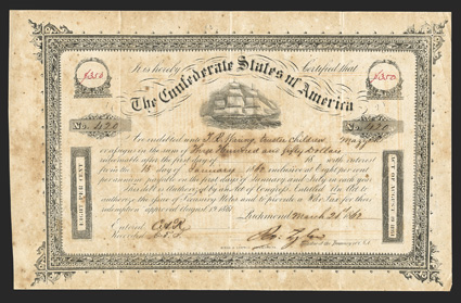 Act of August 19, 1861. $350. Cr. 106, B-137. No. 420. Due January 15, 1862. As previous. Variety 1. Red ink in value medallions. Signed by Tyler. Hoyer & Ludwig. Ink halos on
all writing, well foxed, but an interesting Fine. From The