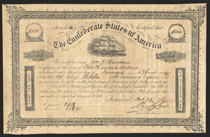 Act of August 19, 1861. $500. Cr. 106, B-137. No. 43. Due January 1, 1876. As previous. Variety 1. According to the Ball census, only 20 issued and no rarity rating as they
were not known to exist at the time the records were researched. Well