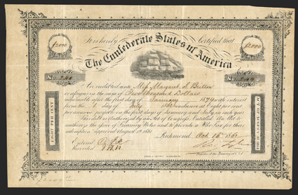 Act of August 19, 1861. $2000. Cr. 106, B-137. No. 240. Due January 1, 1874. As previous. Variety 1. Signed by Tyler. Hoyer & Ludwig. Edge wear, toning, folds, VF. From The
Holger Dreher Collection