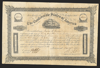 Act of August 19, 1861. $3100. Cr. 106, B-137. No. 64. Due January 1, 1879. Variety 1. As previous. Signed by Tyler. Edge and fold wear, foxing, uneven edges, a very strong
Fine. From The Holger Dreher Collection