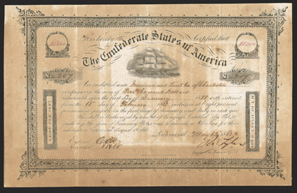Act of August 19, 1861. $5000. Cr. 106, B-137. No. 207. Due January 1, 1881. As previous. Variety 1. Red ink $5000 in value medallions. Signed by Tyler. Strong uneven toning,
fold wear, about Fine. From The Holger Dreher Collectio