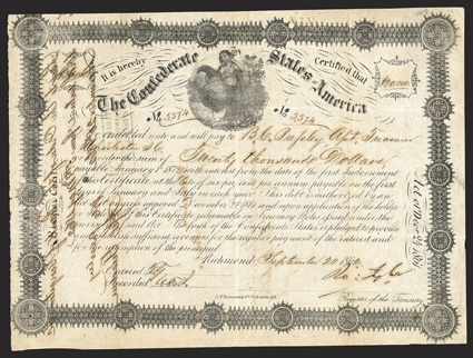 Act of December 24, 1861. $20,000. Cr. 107, B-144. No. 5574. Commerce, with cornucopia and caduceus, center. Border variety 2. Signed by Tyler. Interest Paid stamp on reverse.
Show-through and ink erosion from pen transfer on verso, t