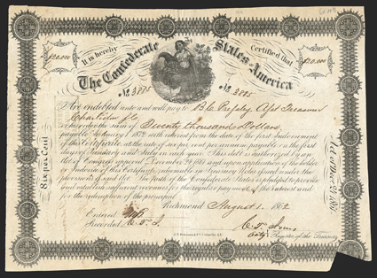 Act of December 24, 1861. $20,000. Cr. 107, B-144. No. 3885. As previous. Signed by Jones. Border Variety 2. Cut cancelled. Interest Paid stamp on the reverse. One-inch piece
out lower right corner, toned, edge wear, folds, about Fine