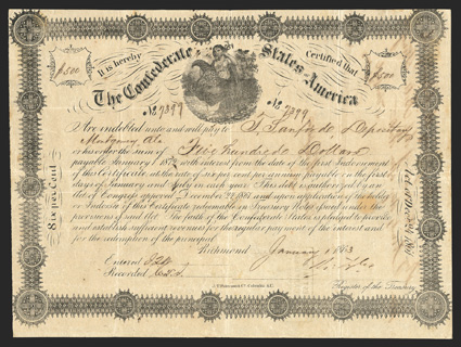 Act of December 24, 1861. $500. Cr. 107, B-144. No. 7399. As previous. Signed by Tyler. Interest Paid stamp from Montgomery. Collectors label on verso. Show-through from
transfer on verso, fold wear, edges trimmed into borders, a strong