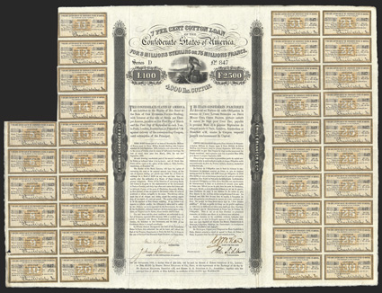 Act of January 29, 1863. 100 Pounds Sterling  2500 Francs. Cr. 116, B-156. No. 847. Series D. On heavy watermarked paper, very ornate bond with beautifully engraved vignette of
Liberty holding Confederate Stars and Bars, leaning on bales of