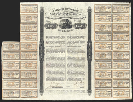 Act of January 29, 1863. 100 Pounds (2500 Francs). Cr. 116, B-156. No. 1966. Series D. Light orange-brown overprint on coupons at sides. On heavy watermarked paper, very ornate
bond with engraved vignette of Liberty holding Confederate Stars a