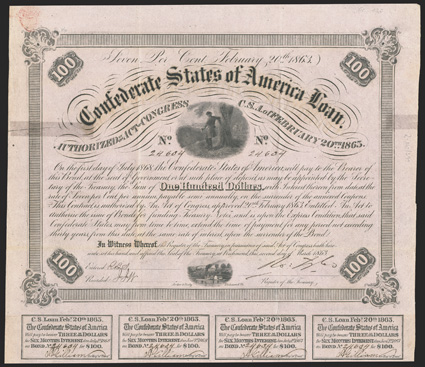 Act of February 20, 1863. $100. Cr. 120, B-212. No. 24634. As previous, except signed by Tyler. An unlisted signature variety as before. Coupons complete (10). Edge splits
repaired on verso with tape, with stains through to face, but a very s