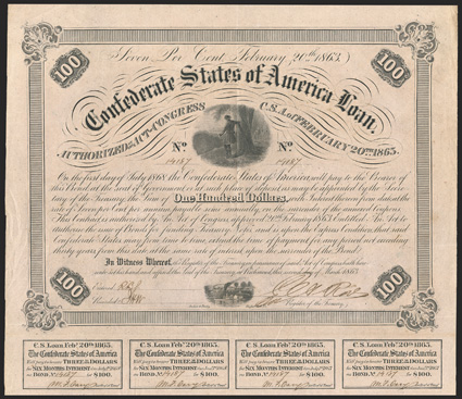 Act of February 20, 1863. $100. Cr. 120, B-212. No. 14187. As previous, except signed by Rose. 9 coupons below, 1 missing. Edge wear and soiling, VF. From The Holger Dreher
Collection