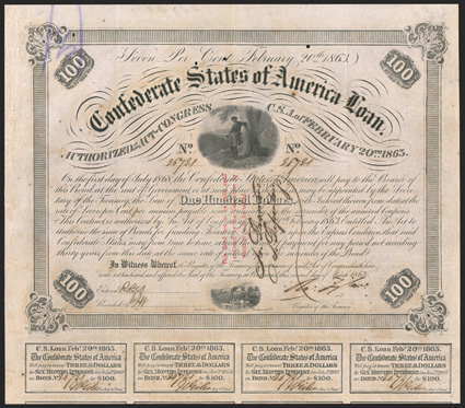 Act of February 20, 1863. $100. Cr. 120, B-216. Trans-Mississippi Bond. No. 26721. Confederate officer overlooking the Rappahannock River, west of Fredericksburg. Signed by
Tyler. Three line red overprint, bond endorsed on face by Alphonse