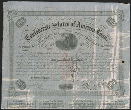 Act of February 20, 1863. $100. Cr. 120, B-216. Trans-MIssissippi Bond. No. 27011. Vignette of a Confederate officer leaning against a tree, gazing into the Rappahannock River,
west of Fredericksburg. Three line red overprint, bond endorsed