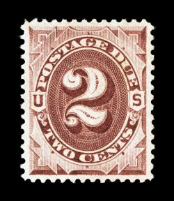 J16, 2c Red brown, an extraordinarily choice mint single, incredibly well centered within large margins, sumptuously rich color and a crisp clean impression, o.g., lightly
hinged, an extremely fine gem 2002 PSE certificate (Superb 98 SMQ $520.