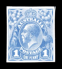 ACSC 70DPE, 1914 1p George V, finished die proof in blue on woven paper, cut down to stamp size as all of this color are, margins are large and even, trivial scissors cut in
the right margin that shows a trace of the uncleared die block as does