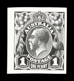 ACSC 70PPA, C-F, 1914 1p George V, plate proofs on thin white glazed card, five different colors in black, carmine rose, bright violet, mauve and pale dull mauve, lacking only
the pale carmine color of being complete, nearly all with extra-large