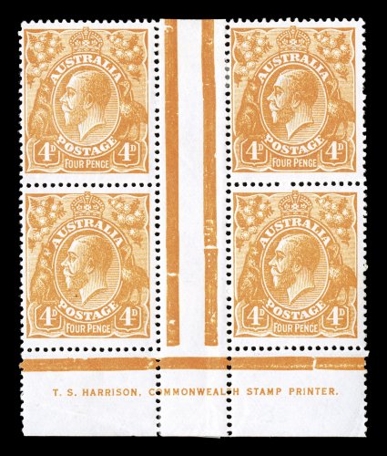 31, 1919 4p Orange, Harrison printing, plate 1, attractive bottom margin T.S. Harrison imprint block of four, well centered, brilliantly fresh with vivid orange color, o.g.,
h.r., small gum wrinkles in the bottom selvage, very fine an excep