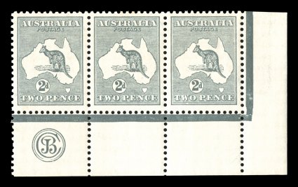 38, 1915 2p Gray, choice bottom right corner margin JBC monogram strip of three from Plate 2 (lower), exceptionally well centered, o.g., n.h., very fine an especially scarce
and desirable monogram strip being both so choice and never hinged