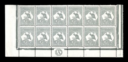 45, 1915-24 2p Silver gray, Die IIA, bottom left corner margin inserted CA monogram block of twelve from Plate 3 (upper), being the bottom two rows of the lower left pane, with
sheet margins on three sides, quite fresh, strong color, attract