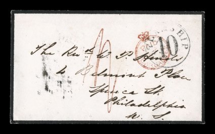 S.G. CC1, Paid at Barbadoes Crowned-circle red handstamp, clear strike on attractive small 1853 mourning cover to the United States, ms. 1- rate, BarbadoesNO 11 1853 double-arc
c.d.s. on the reverse and similar St. Thomas transit, Steam