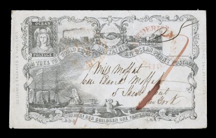 1851 J. Valentine Ocean Penny Postage propaganda cover, a very scarce cross-border usage from New Brunswick to New York, on the front is a red Fredericton, N.B.Paid double arc
handstamp and faint United States entry c.d.s. plus ms. 7 rate ma