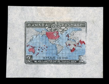 1898 2c Imperial Penny Postage, die essay of the black portion with hand-colored colors for the carmine and blue, on thin bond paper measuring 51x37mm, this is a true essay and
not just a hand-colored die proof, the black is similar to the issued