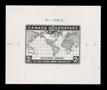 1898 2c Imperial Penny Postage, die proof of the accepted black engraved die F-139 12, printed directly on thin card, large borders all around measuring 55x45mm, the die number
is above the design and the registration marks are complete at both