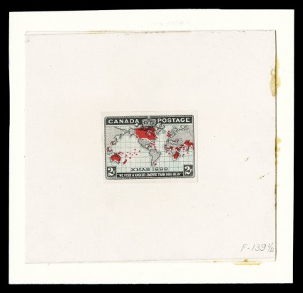 1898 2c Black, blue and carmine Imperial Penny Postage, hybrid large die proof, a similar hybrid die proof as the previous, this using a proof with the blue colored oceans,
having large even margins, pressed onto original card measuring 91x83mm,