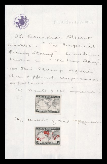 Postmaster Generals proof document addressing the production of the 1898 2c Imperial Penny Postage stamp, written on Postmaster Generals stationery with violet embossed crest
at left and colorless Private Secretarys Office embossed at right,