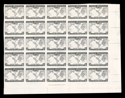1898 2c Imperial Penny Postage, imperforate progressive plate proof on stamp paper of the black only, an impressive bottom right corner block of 25 being a full quarter-sheet
from the sheet of 100, showing the American Bank Note Co. Ottawa
