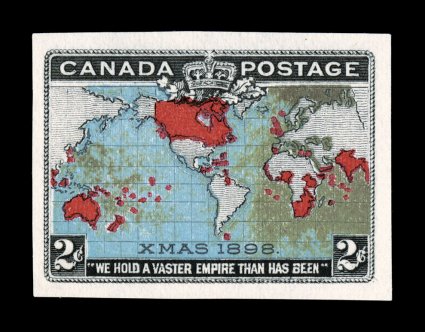 1898 2c Black, blue and carmine Imperial Penny Postage, imperforate plate proof on stamp paper in the issued colors, plate 2-A, position 29 having a major re-entry with a
horizontal line through the bottom inscription and showing significantl