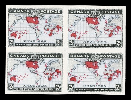 1898 2c Black, gray and carmine Imperial Penny Postage, imperforate, without gum as issued, a beautiful center-cross block of four from plate 1 with the crossed center lines
measuring 9mm horizontally and vertically, bright colors with the oceans
