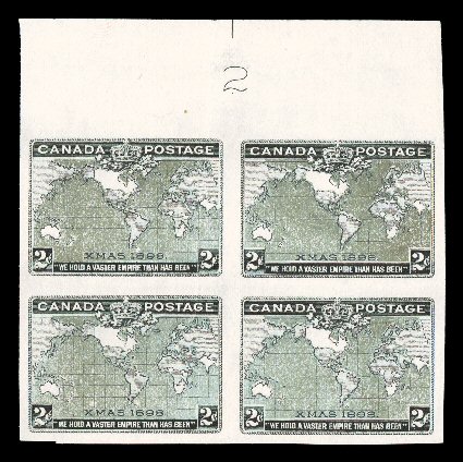 1898 2c Black, blue and carmine Imperial Penny Postage, imperforate with carmine omitted, without gum as issued, full top margin plate no. 2 block of four, extra-large even
margins on the other three sides, vertical crease in the left pair, very