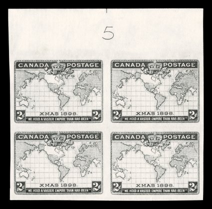 1898 2c Imperial Penny Postage, imperforate progressive plate proof in black only on stamp paper, without gum as issued, full top margin plate no. 5 block of four,
exceptionally large even margins on the other three sides as well, very faint vert