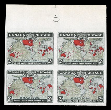 1898 2c Black, blue and carmine Imperial Penny Postage, imperforate, without gum as issued, full top margin plate no. 5 block of four, large selvage and full wide even margins
on the other three sides, oceans showing a rather strong muddy water