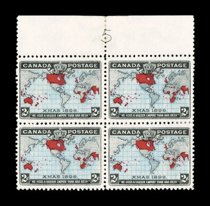 1898 2c Imperial Penny Postage, top margin plate number blocks of four for plates 1, 2, 3 and 5, complete for all the plates that were used for the perforated stamps (no
perforated stamps are known from plate 4), plate 3 apparently was only print