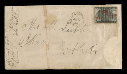 1898 2c Black, deep blue and carmine Imperial Penny Postage, damaged single on Klondike gold rush cover, clear Lake BennettB.C.AU 31 99 c.d.s. at left, posted to a Mrs. M.
Lupton in Skagway, Alaska, backstamped, return address reads  if