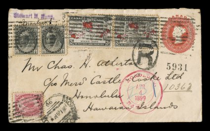 1898 2c Black, lavender and carmine Imperial Penny Postage, horizontal pair on 2c Red postal entire (Unitrade U11) in combination with 12c Black horizontal pair and 3c Carmine
Numerals (Unitrade 74, 78), all tied by Montreal roller cancels a