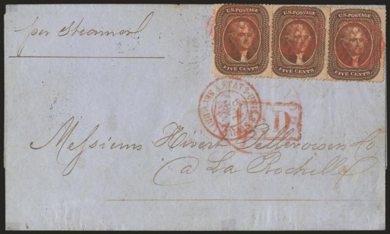 New Orleans to France, Jul. 12, 1861.> Blue folded cover with Rochereau & Co.s embossed corner card and docketing that confirm place and date of origin, addressed <to La Rochelle, France,> carried north by <Adams
Express> (no markings since it was