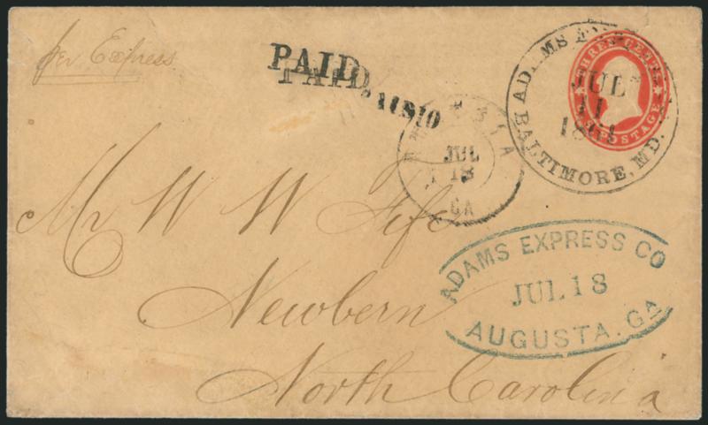 Adams Express Co. Baltimore, Md. Jul. 11, 1861.> Mostly clear strike of circular datestamp with Baltimore, Md. sharp and unobscured, two strikes of Paid straightline handstamp applied at Baltimore on 3c Red on
Buff Star Die entire (U27) southboun