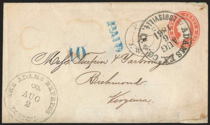 The Adams Express Co. Boston Aug. 2.> Clearly struck circular datestamp and <Paid J.W.R.> double-circle with manuscript 25, the Paid marking applied at Boston to indicate prepayment of 25c express charge on 3c
Red on White Star Die entire (U26) s