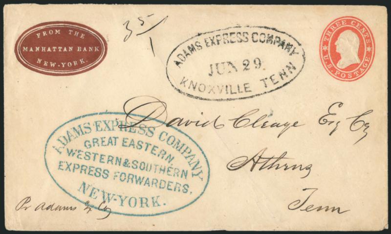 Adams Express Company, Great Eastern, Western & Southern Express Forwarders, New-York.> Large blue oval handstamp and black <Adams Express Company, Knoxville Tenn. Jun. 29> oval datestamp on 3c Red on White Star
Die entire (U26) southbound to David