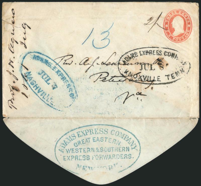 Adams Express Company, Great Eastern, Western & Southern Express Forwarders, New-York.> Large blue oval handstamp on backflap of 3c Red on White Star Die entire (U26) southbound to Rev. A. J. Leavenworth in
Petersburg Va., blue <Adams Express Co. Na