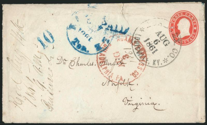 Adams Ex. Co. Philadelphia Pa. Aug. 3, 1861.> Red circular datestamp with year in manuscript boldly struck on 3c Red on White Star Die entire (U26) to Dr. Charles Morfit in Norfolk Va., Adams Ex. Co. *
Louisville, Ky. * Aug. 6, 1861 circular datest