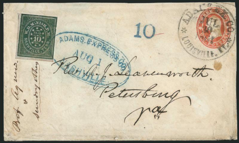 Nashville Tenn., 10c Green (61X6).> Two huge margins, framelines touched at top and right, deep shade, scissors-cut at top left, tied by blue Adams Express Co. Nashville Aug. 1 oval datestamp on 3c Red on White
Star Die entire (U26) to Rev. A. J. L
